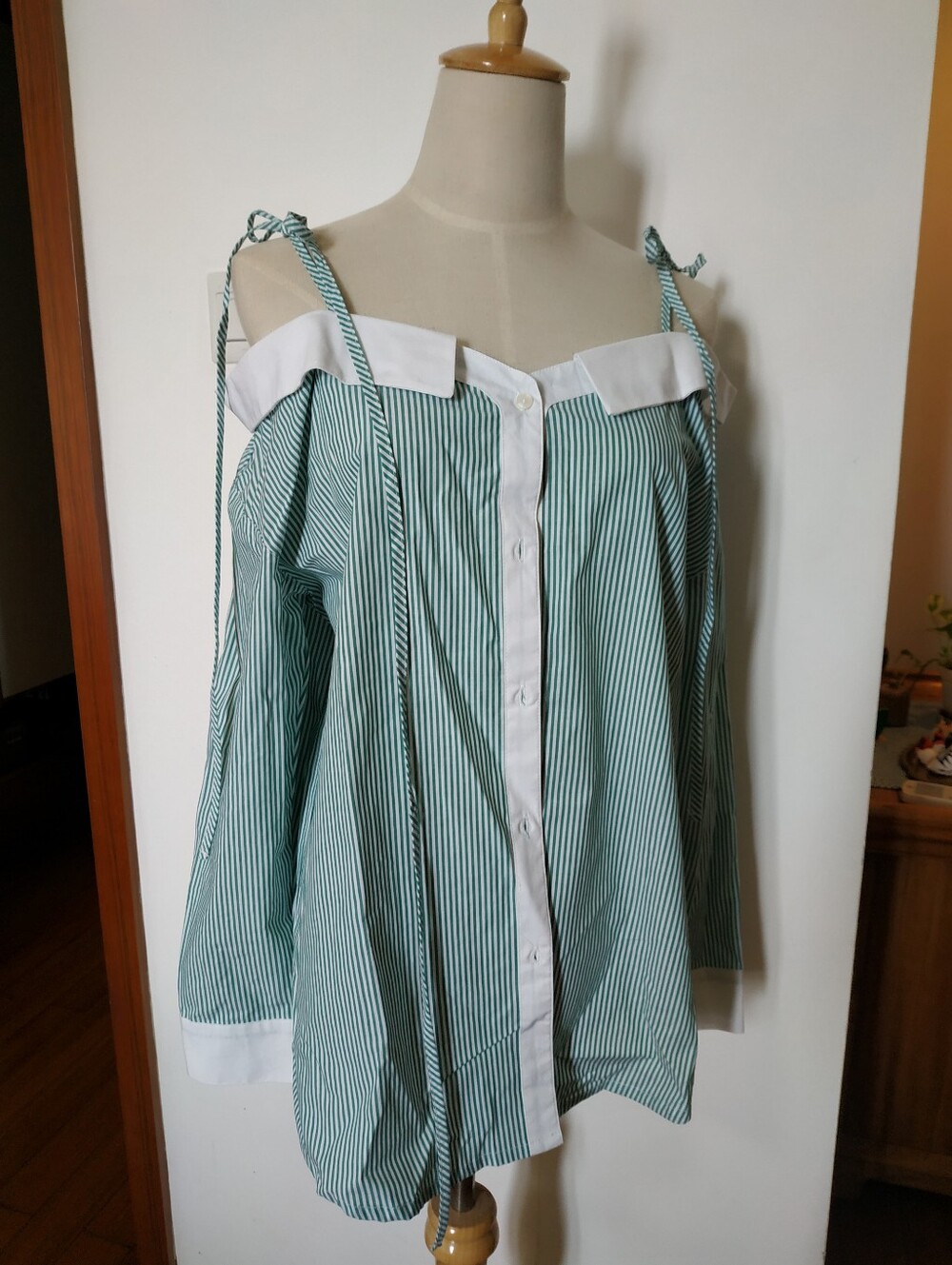 NWT OVS Off-Shoulder Green Striped Button-Up Top with White Trim Size 4